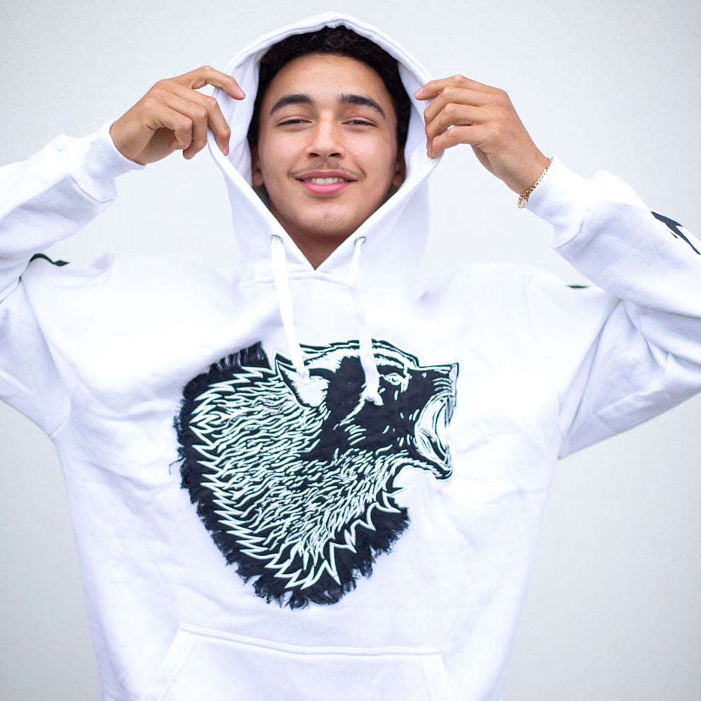 Cotton Fleece Hoodie with Wolf Head Embroidery and Appliqué Lettering by Dos Lobos